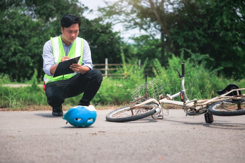 A person in a safety vest crouches, writing on a clipboard, beside a toppled bicycle and a blue helmet on pavement.