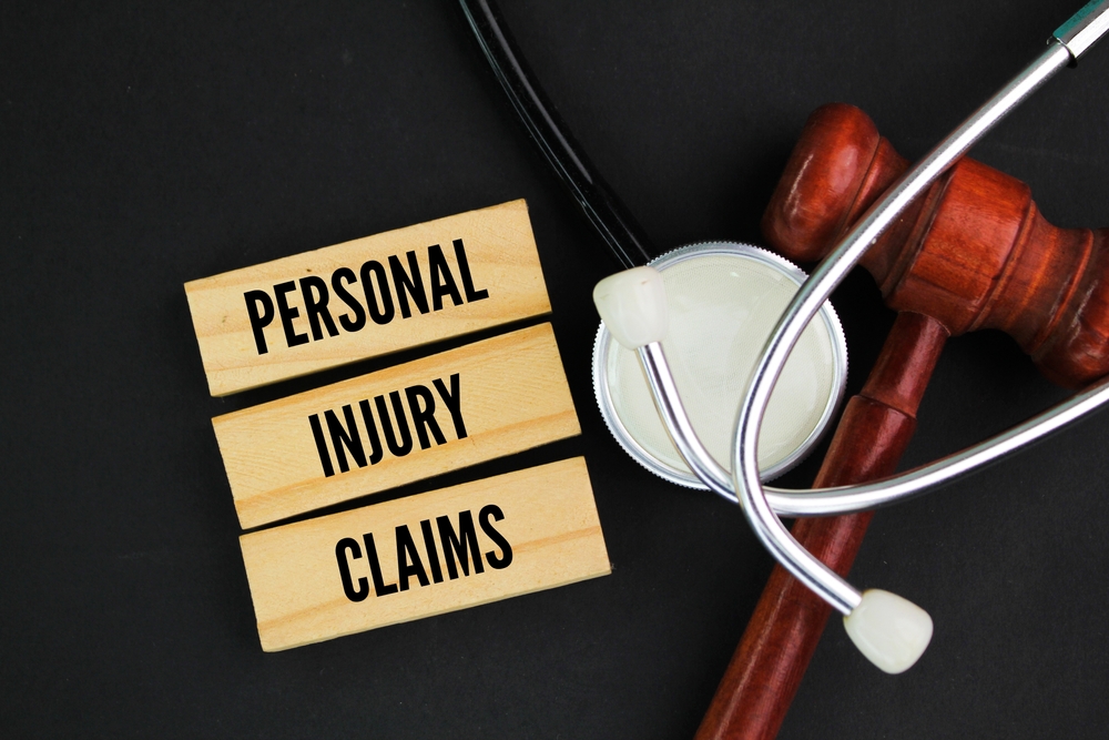 Judge's gavel, stethoscope, and a clipboard with the words 'Personal Injury Claims.