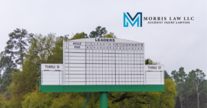 Leaderboard at Augusta during Masters Week with Morris Law logo, highlighting increased traffic and accident risks near Aiken, South Carolina