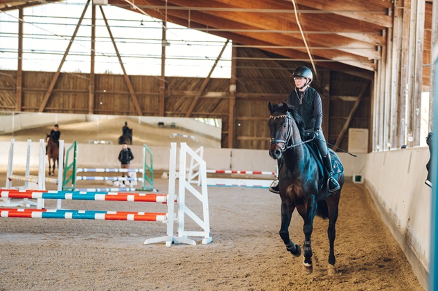 Horseback rider practicing show jumping with her horse in an indoor equestrian riding arena