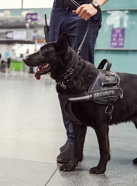 Close up of male security officer with black police dog patrolling airport terminal